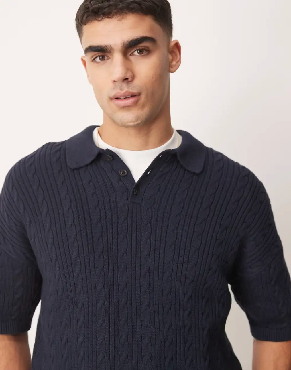 Navy blue ribbed polo shirt, comfortable fit